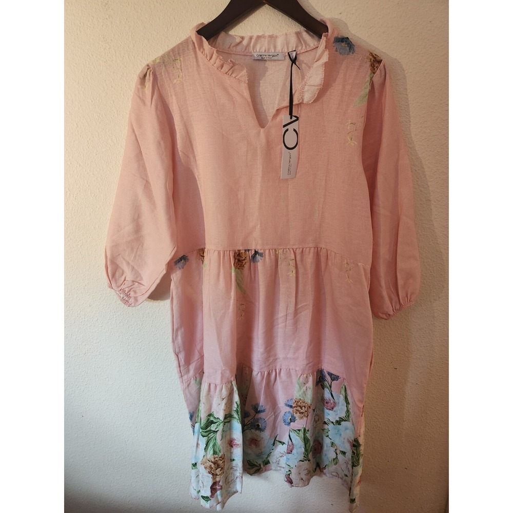 Cristina Vergani Soft Pink Floral Summer Dress Linen Large Made InItaly NWT